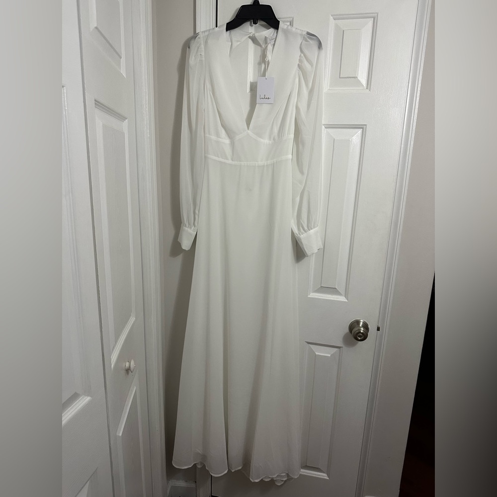 Lulu’s white Maxi dress sheer sleeves open back
